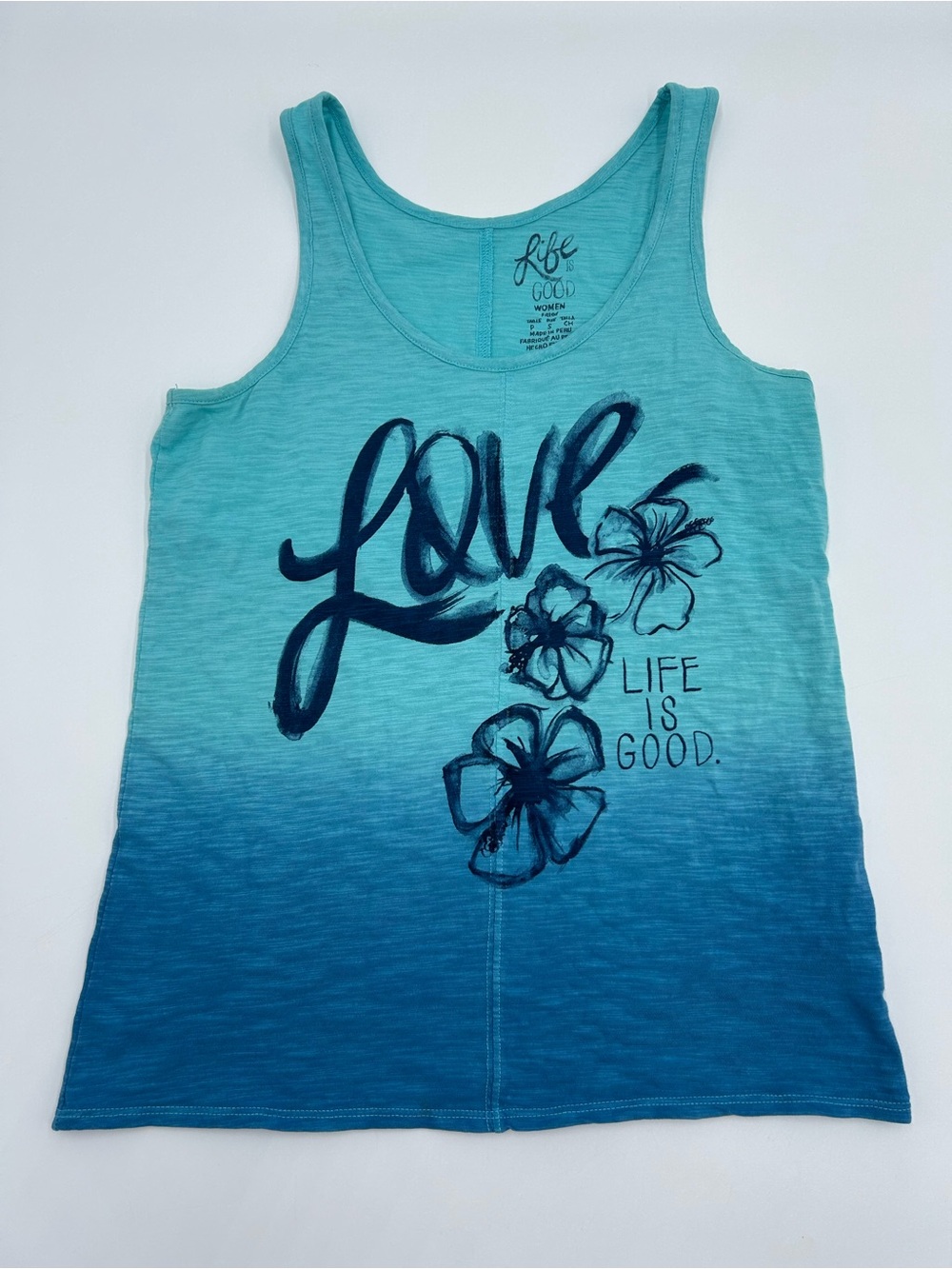 Life is Good Womens Blue Ombre 'Love' Floral Tank S
